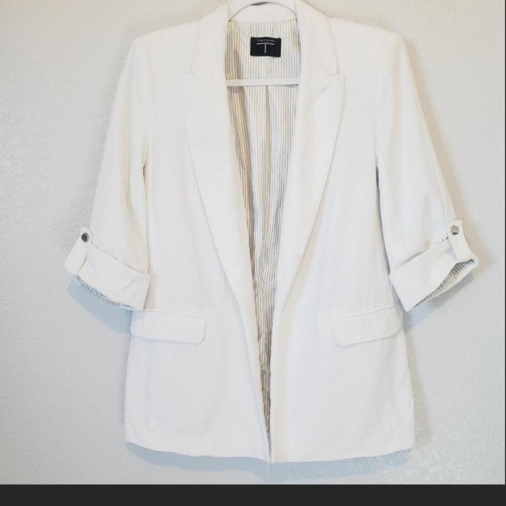 Tahari Linen Blend White Open Front Blazer Jacket Cardigan Size XS